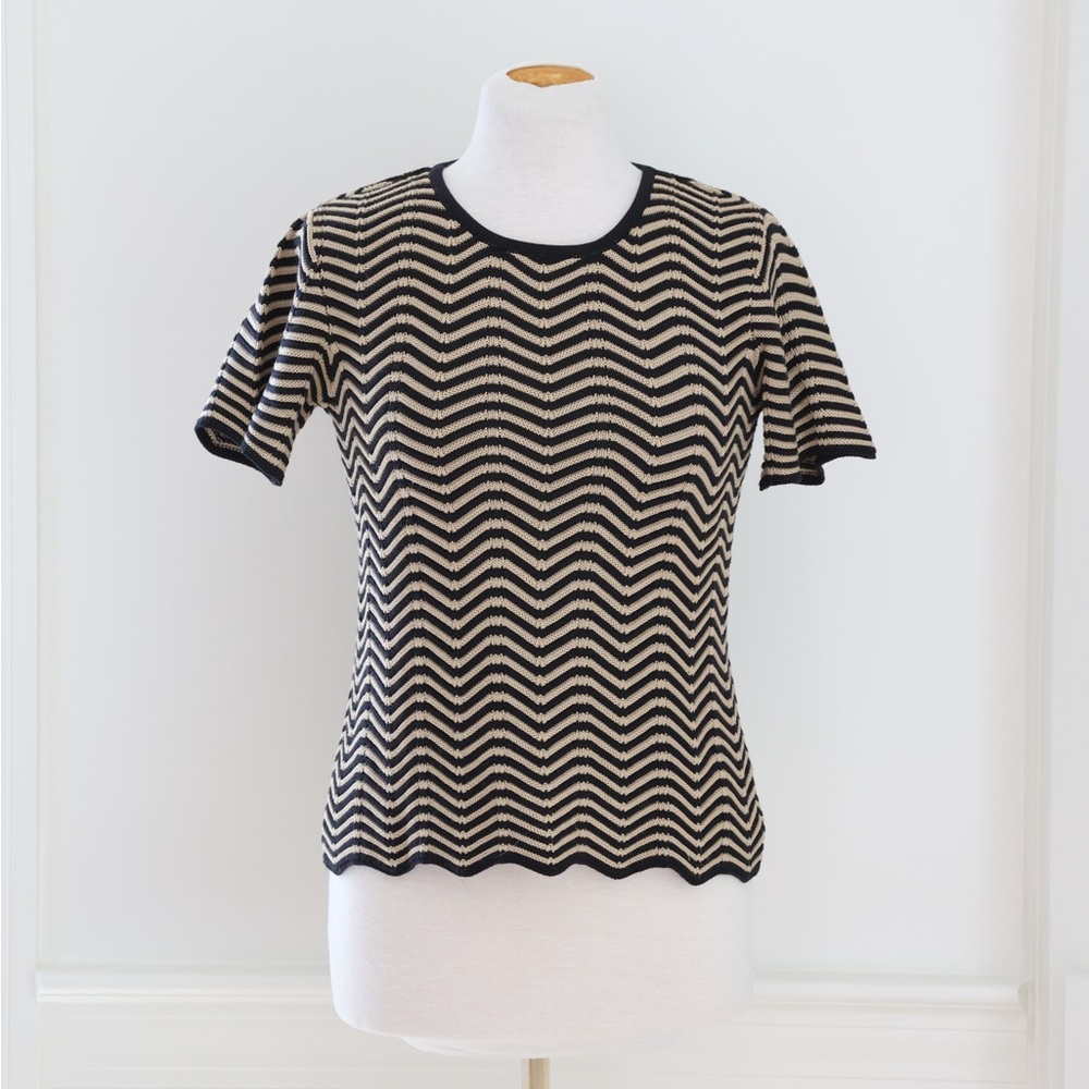 Vintage Talbots Silk Blend Short Sleeve Knit Top Petite Black & Cream Striped